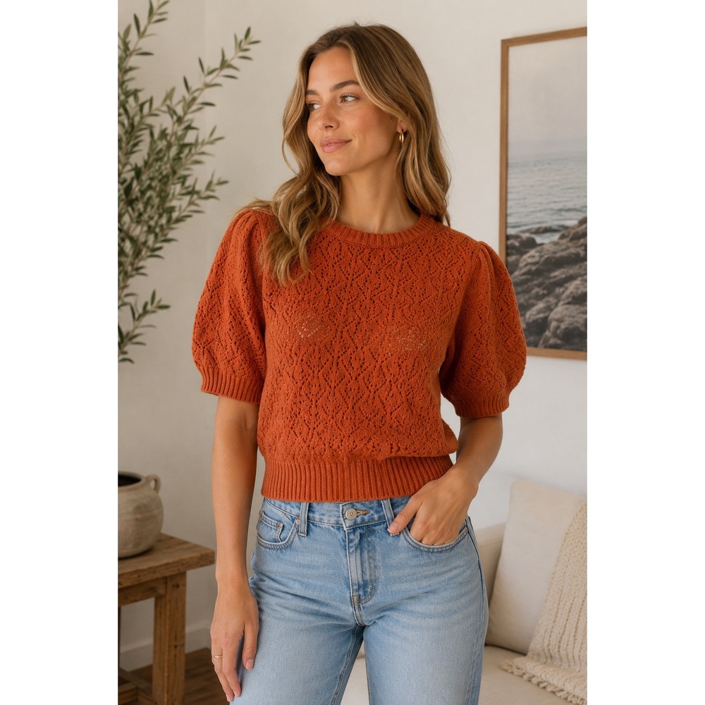 Marled Rust Orange Pointelle Knit Puff Short Sleeve Sweater Top Womens Large